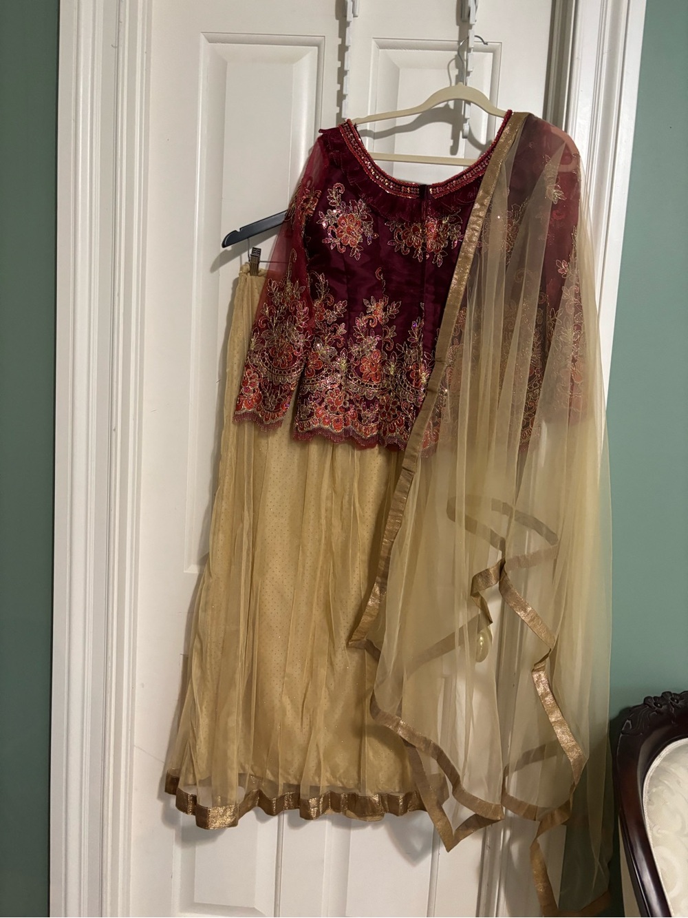 Embroidered Burgundy & Gold Lehenga Set with long sleeve blouse & dupatta L